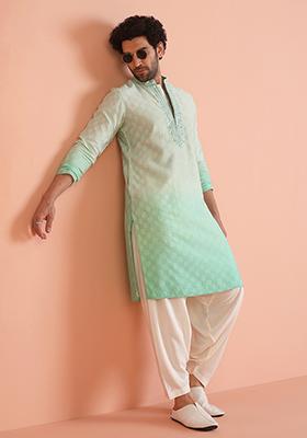 Green Embellished Cotton Kurta Set For Men