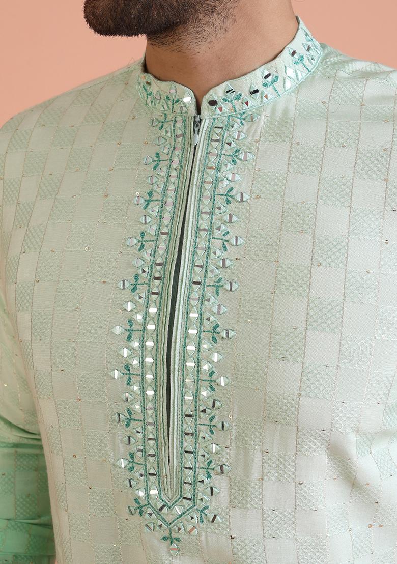 Green Embellished Cotton Kurta Set For Men