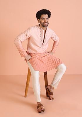 Peach Embellished Cotton Kurta Set For Men