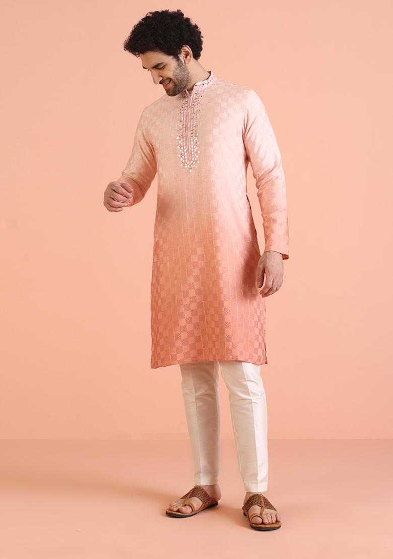 Peach Embellished Cotton Kurta Set For Men