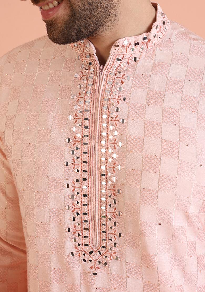 Peach Embellished Cotton Kurta Set For Men
