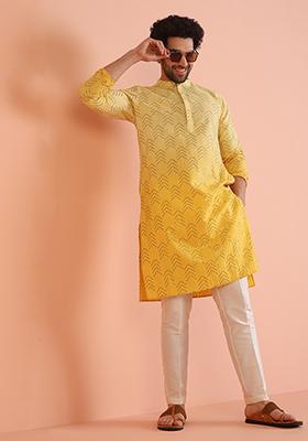 Yellow Embellished Cotton Kurta Set For Men