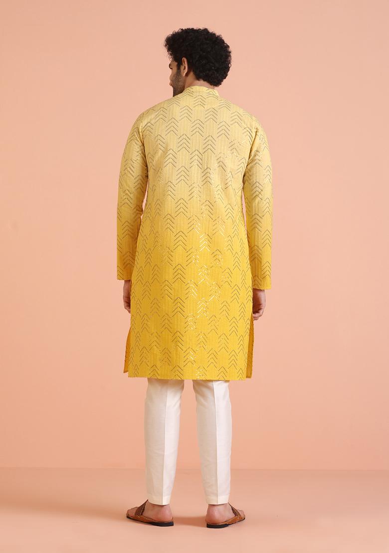 Yellow Embellished Cotton Kurta Set For Men