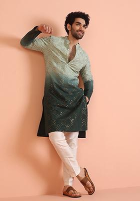 Green Embellished Cotton Kurta Set For Men