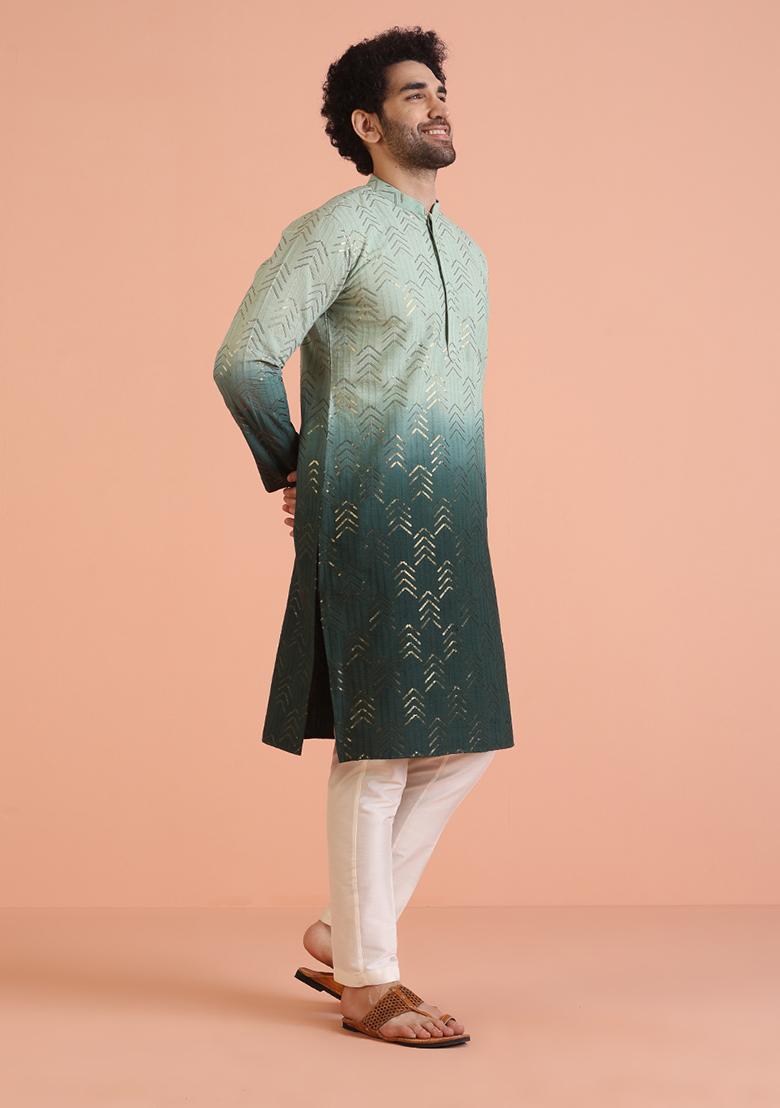 Green Embellished Cotton Kurta Set For Men