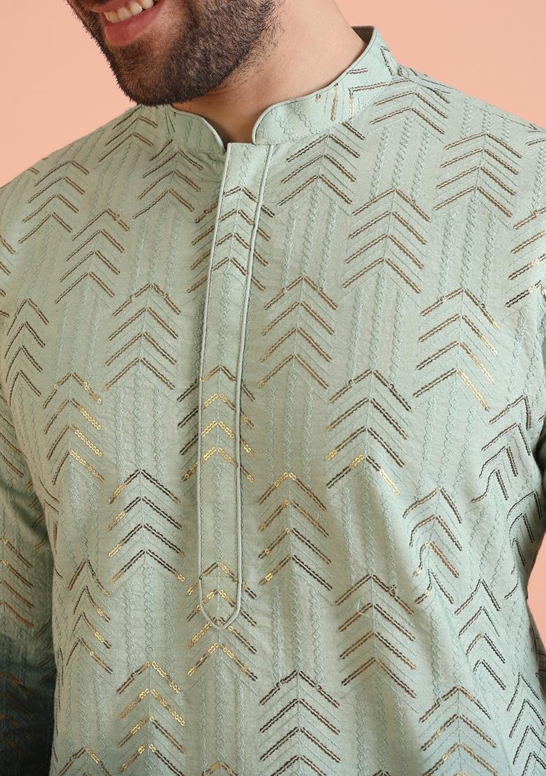Green Embellished Cotton Kurta Set For Men
