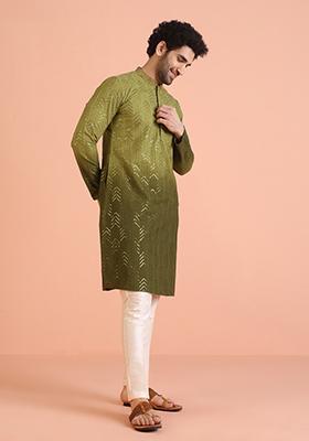 Green Embellished Cotton Kurta Set For Men