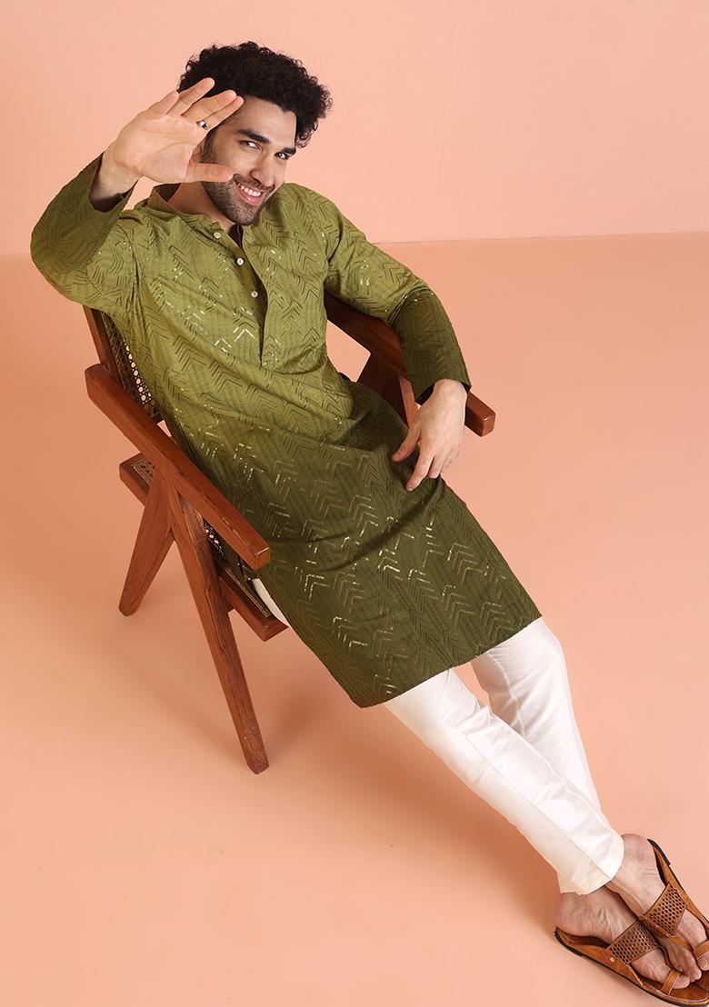 Green Embellished Cotton Kurta Set For Men