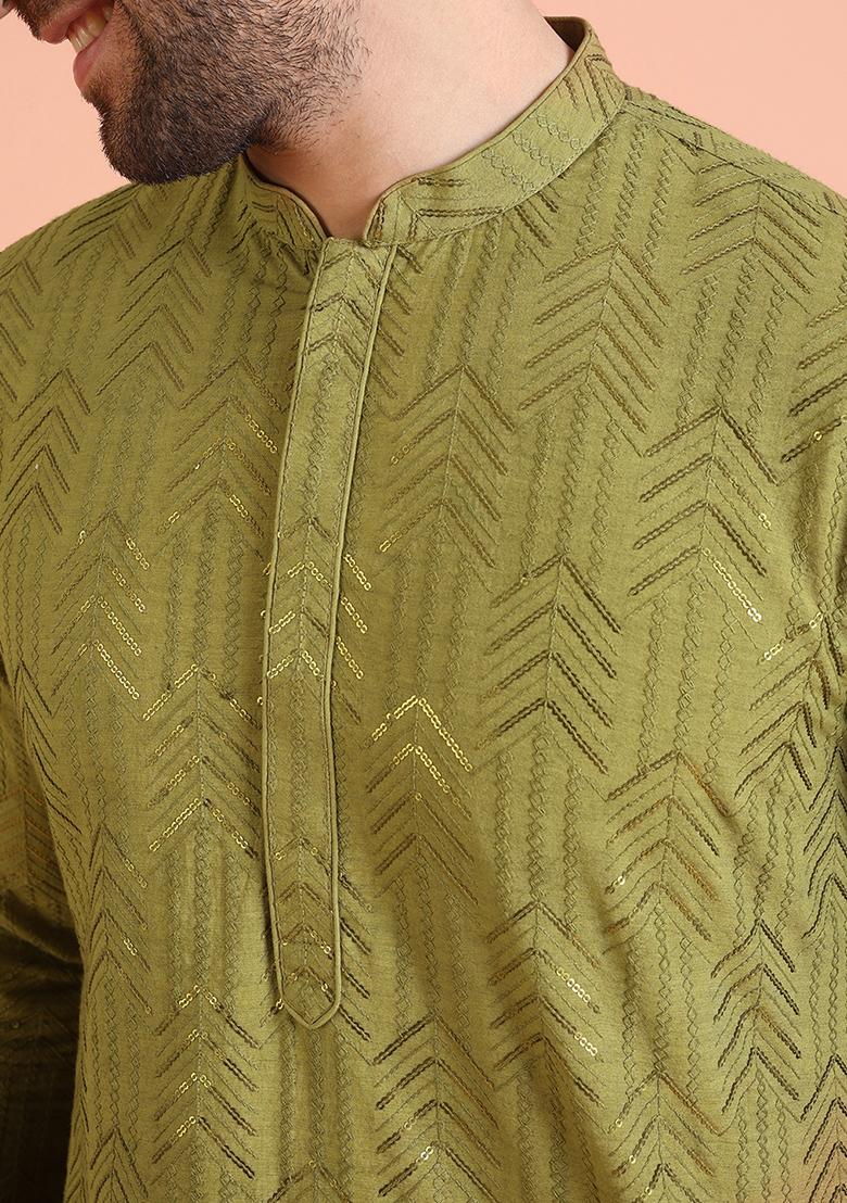 Green Embellished Cotton Kurta Set For Men