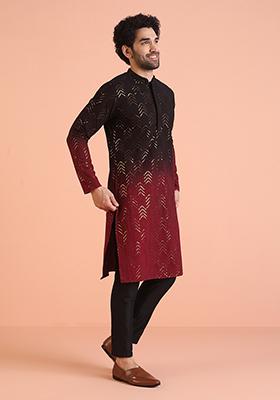 Maroon Embellished Cotton Kurta Set For Men