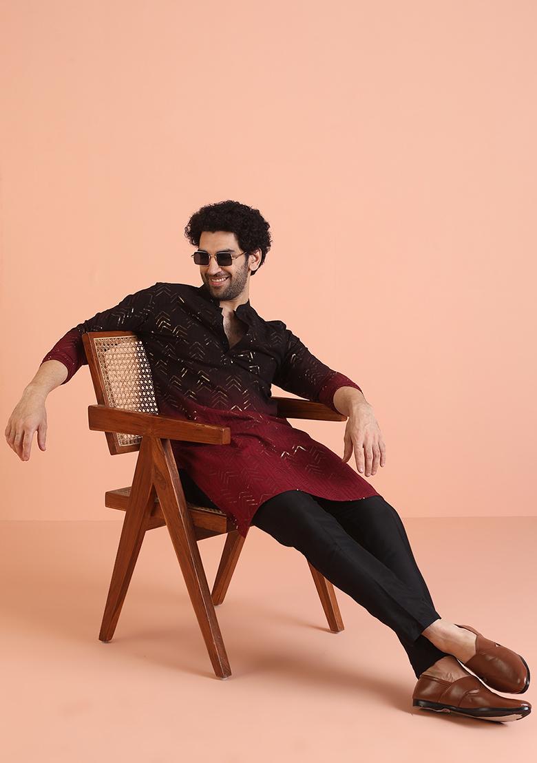 Maroon Embellished Cotton Kurta Set For Men