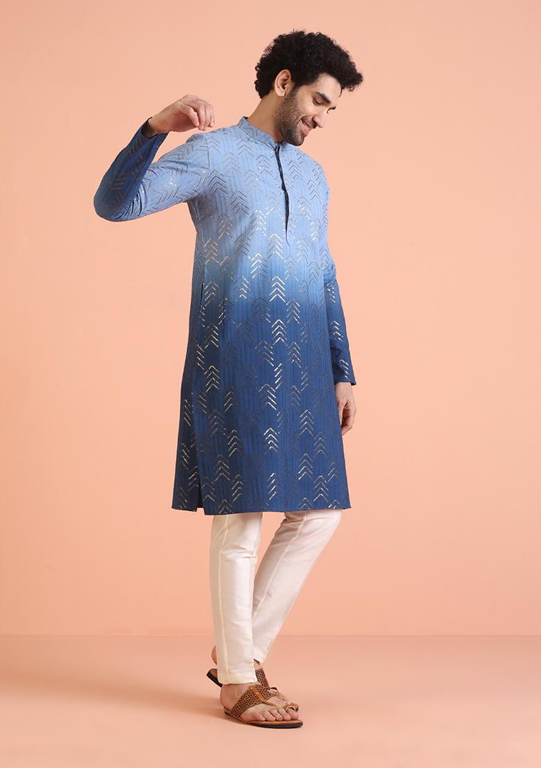 Blue Embellished Cotton Kurta Set For Men