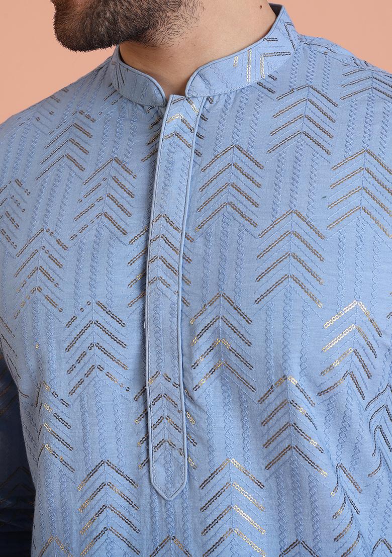 Blue Embellished Cotton Kurta Set For Men