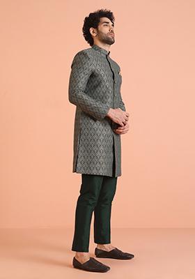 Grey Embroidered Silk Indo Western Sherwani Set For Men