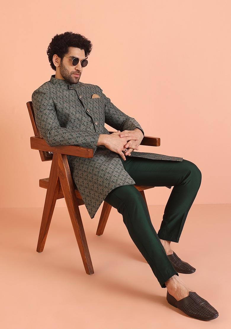 Grey Embroidered Silk Indo Western Sherwani Set For Men