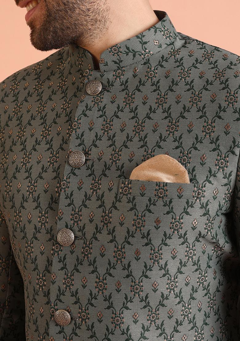Grey Embroidered Silk Indo Western Sherwani Set For Men