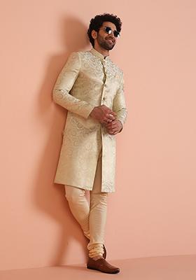 Cream Embroidered Silk Indo Western Sherwani Set For Men