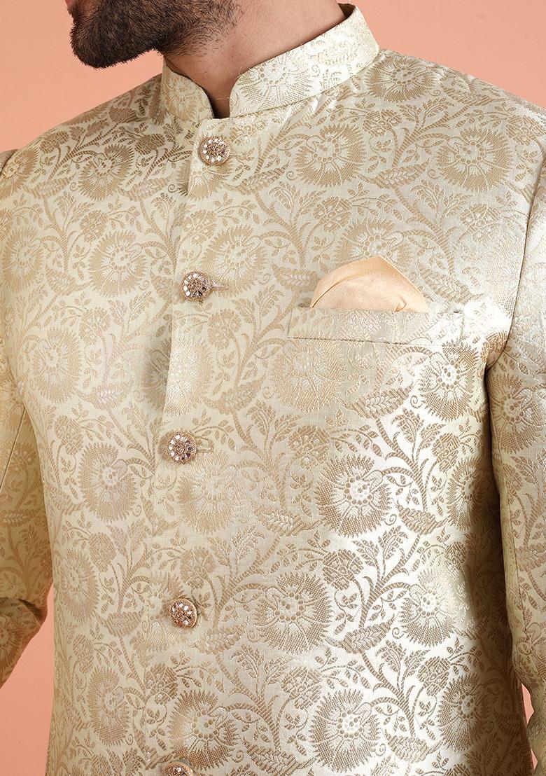 Cream Embroidered Silk Indo Western Sherwani Set For Men
