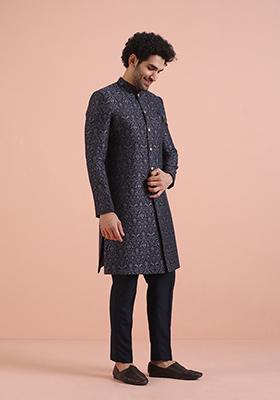 Navy Blue Embroidered Silk Indo Western Sherwani Set For Men