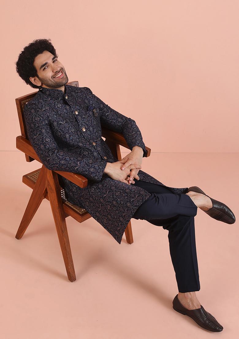 Navy Blue Embroidered Silk Indo Western Sherwani Set For Men