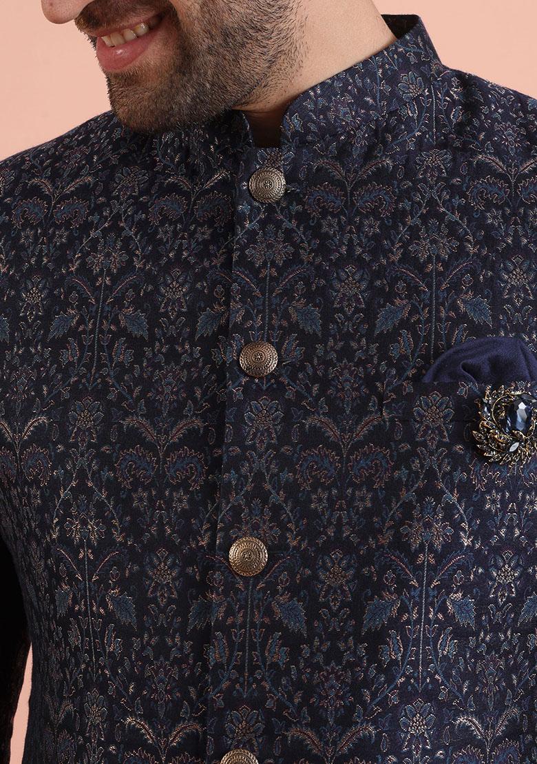 Navy Blue Embroidered Silk Indo Western Sherwani Set For Men