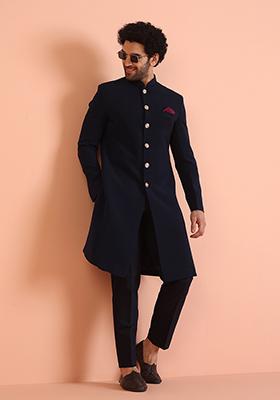 Navy Blue Solid Cotton Indo Western Sherwani Set For Men