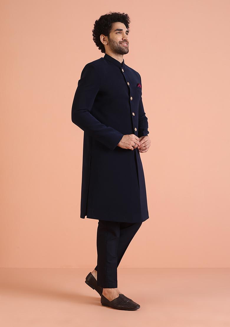 Navy Blue Solid Cotton Indo Western Sherwani Set For Men