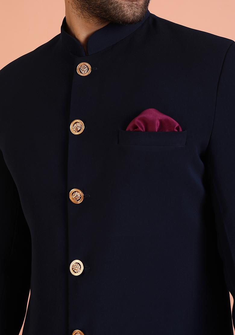 Navy Blue Solid Cotton Indo Western Sherwani Set For Men