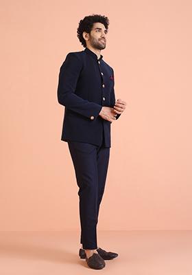 Black Solid Cotton Bandhgala Set For Men