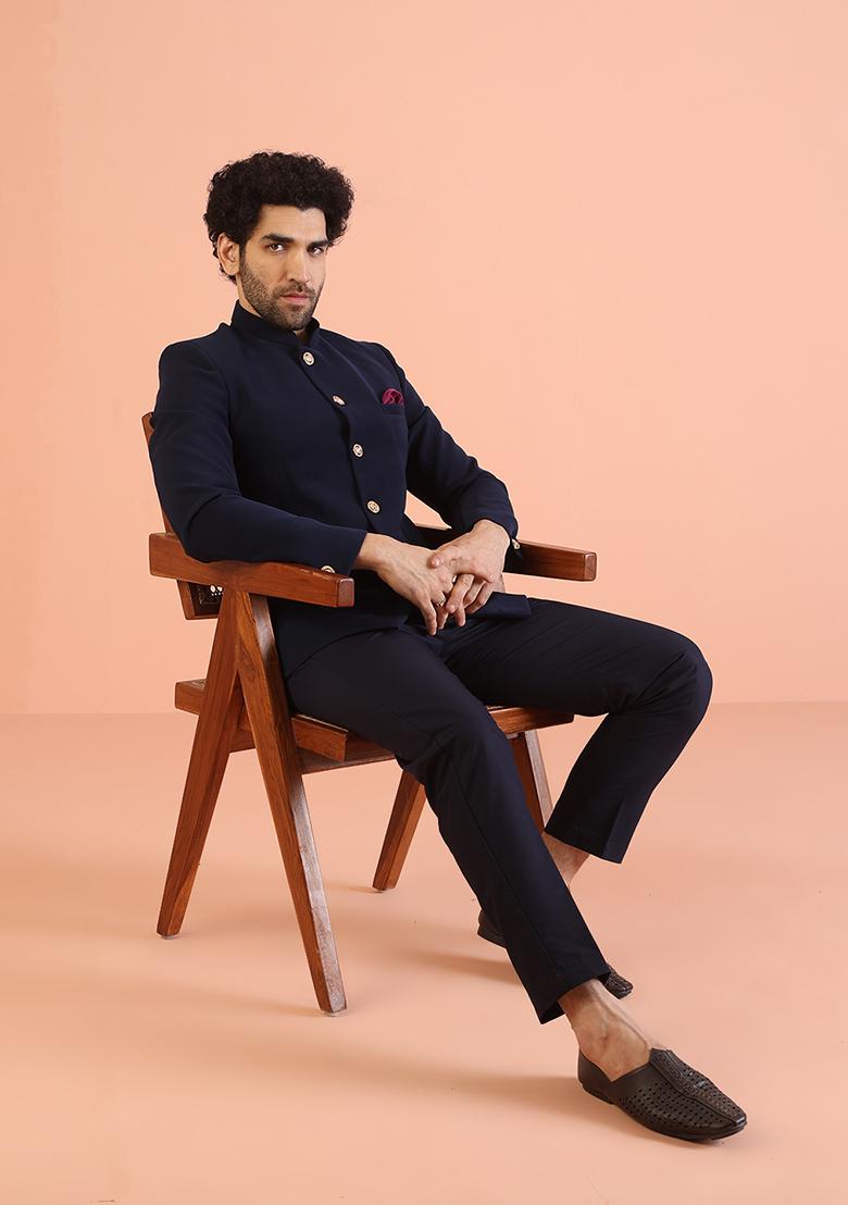 Black Solid Cotton Bandhgala Set For Men