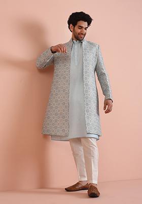 Blue Embroidered Silk Indo Western Sherwani Set For Men