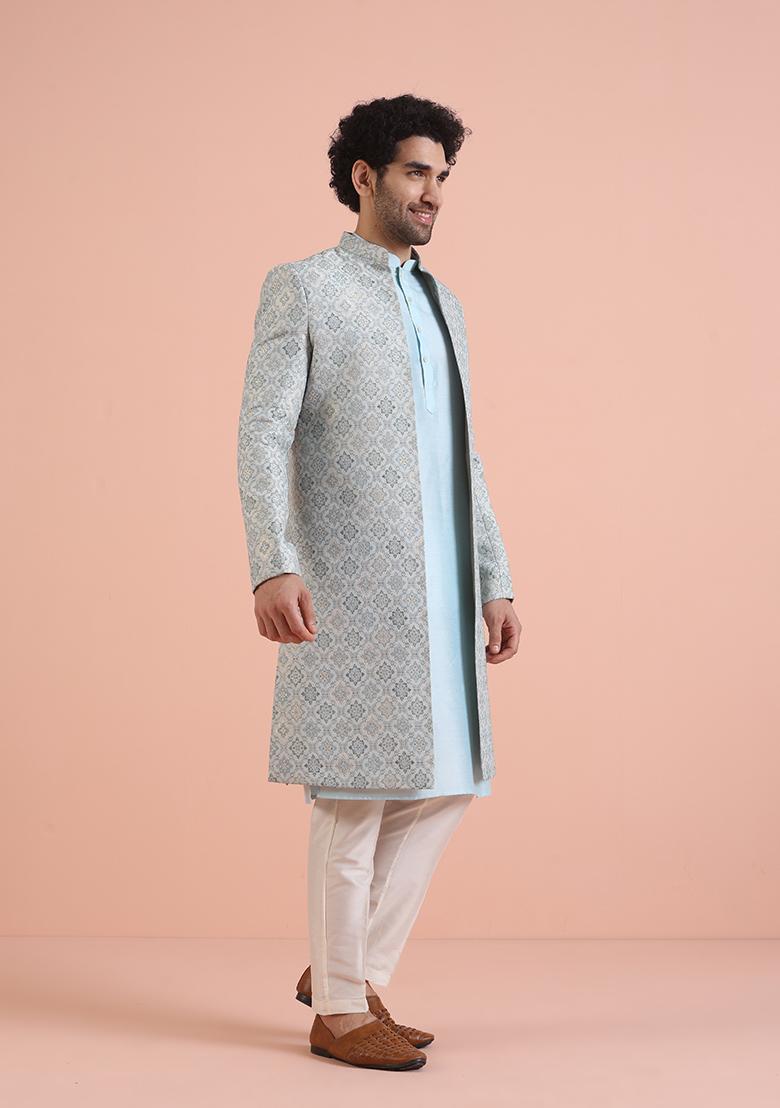 Blue Embroidered Silk Indo Western Sherwani Set For Men