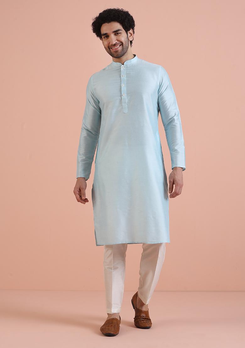 Blue Embroidered Silk Indo Western Sherwani Set For Men