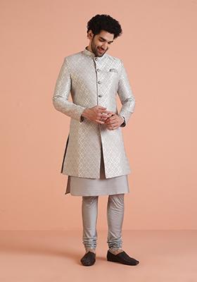 Grey Embroidered Silk Indo Western Sherwani Set For Men