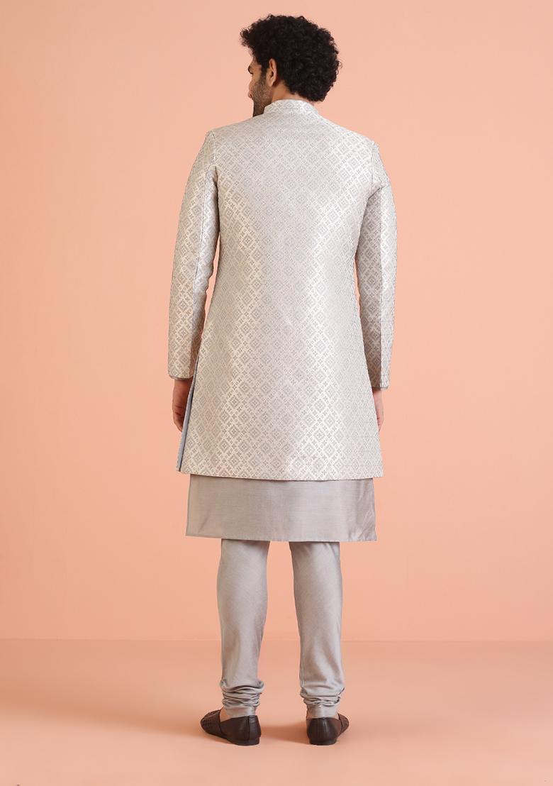 Grey Embroidered Silk Indo Western Sherwani Set For Men