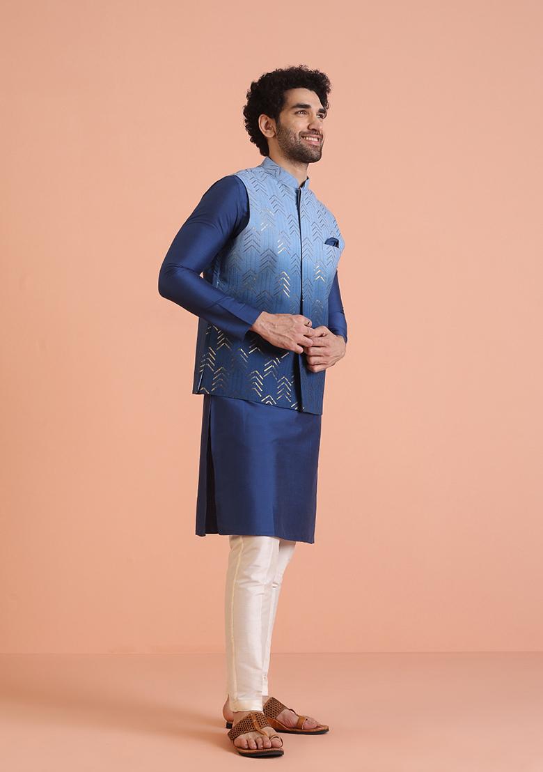 Blue Embellished Cotton Nehru Jacket Set For Men