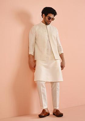 Off White Embroidered Georgette Nehru Jacket Set For Men