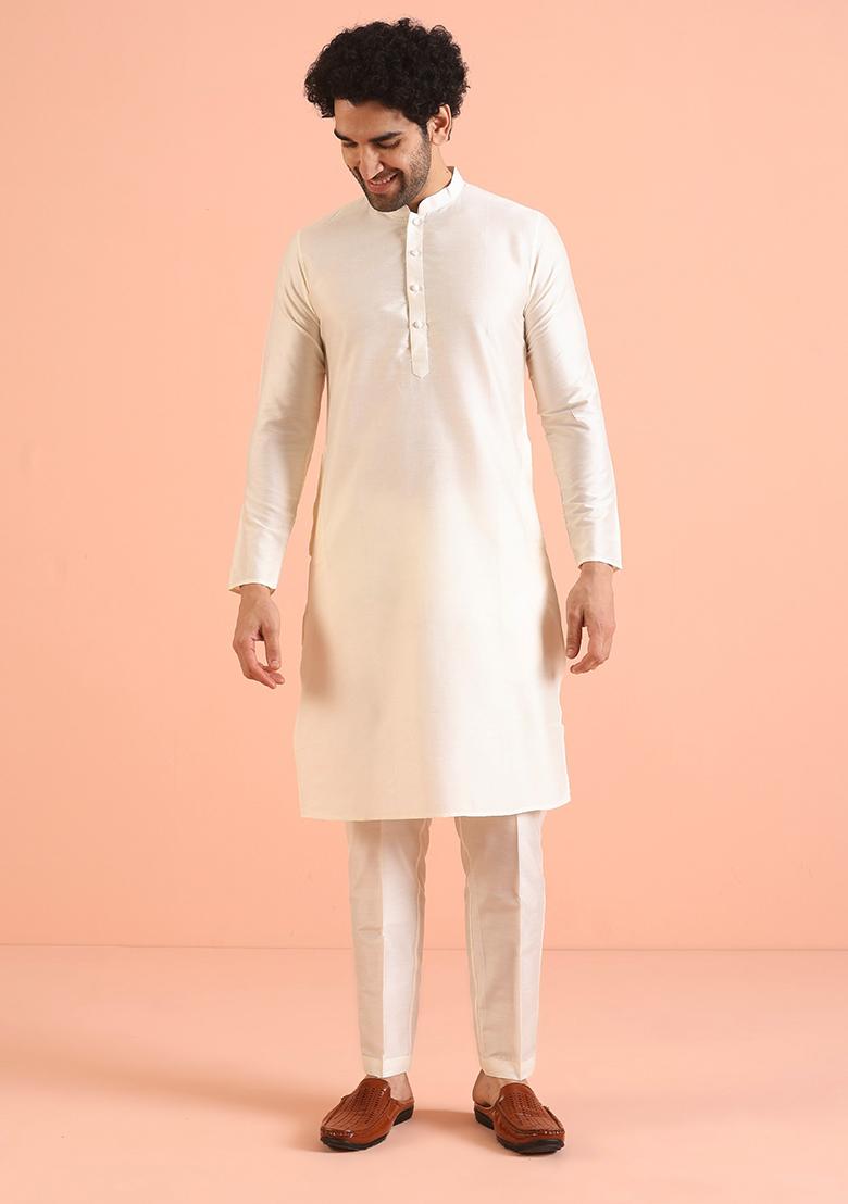 Off White Embroidered Georgette Nehru Jacket Set For Men