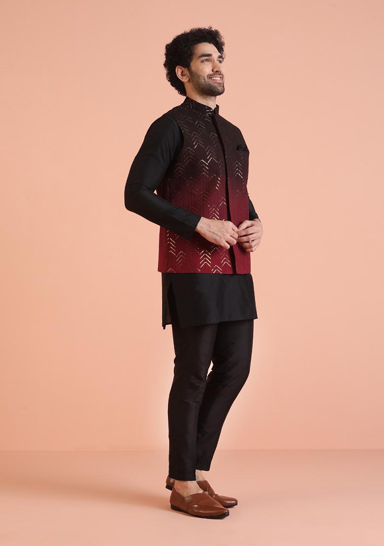 Maroon Embellished Cotton Nehru Jacket Set For Men