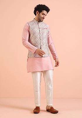Multi Colour Embroidered Silk Nehru Jacket Set For Men