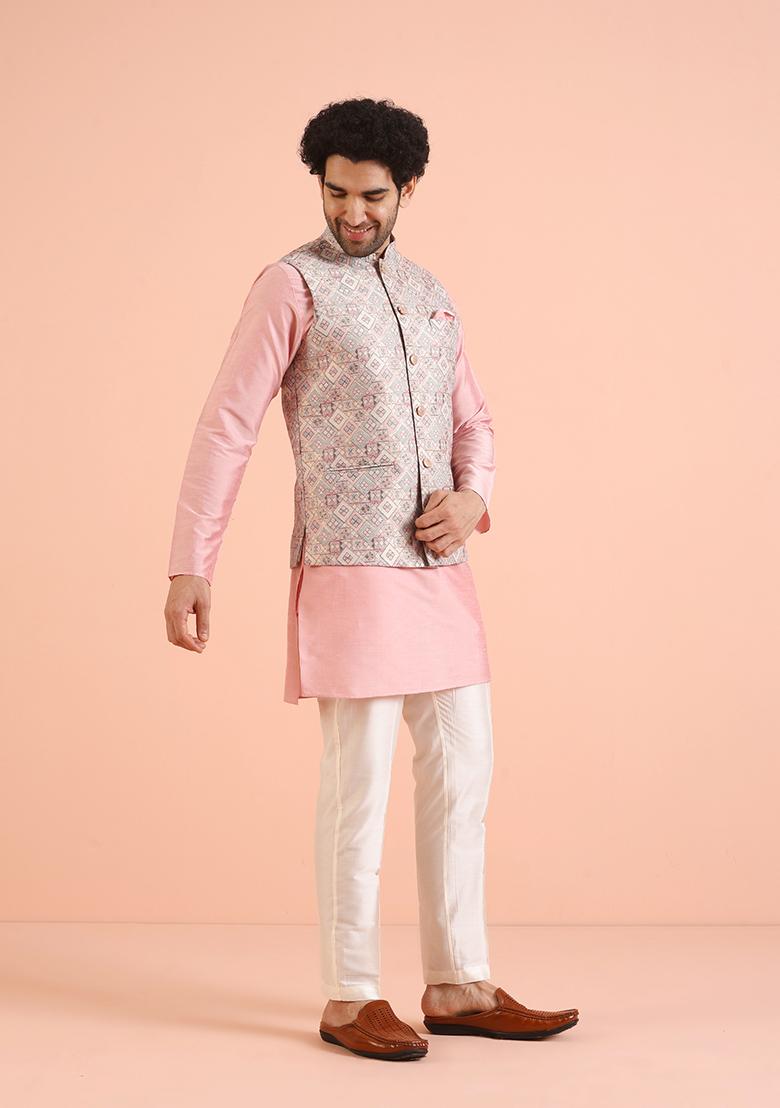 Multi Colour Embroidered Silk Nehru Jacket Set For Men