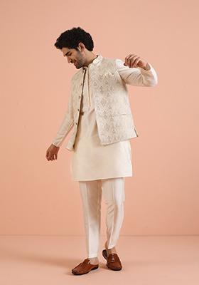 Off White Embroidered Silk Nehru Jacket Set For Men