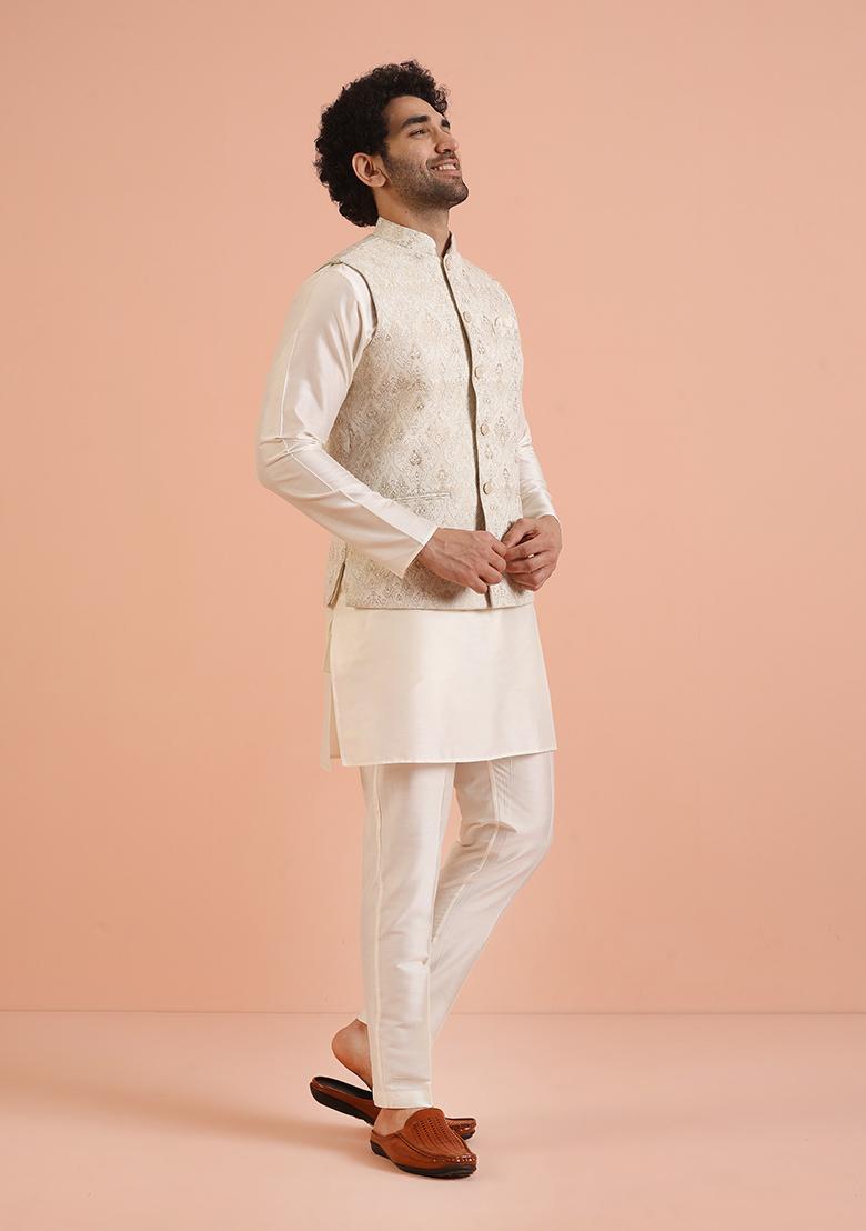 Off White Embroidered Silk Nehru Jacket Set For Men