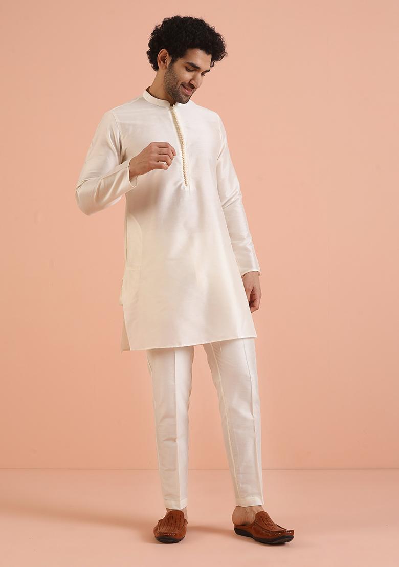 Off White Embroidered Silk Nehru Jacket Set For Men