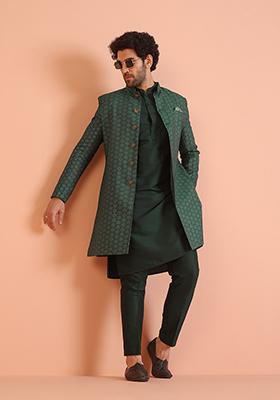 Green Embroidered Silk Indo Western Sherwani Set For Men