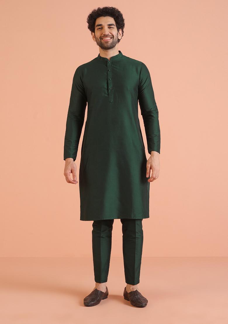 Green Embroidered Silk Indo Western Sherwani Set For Men