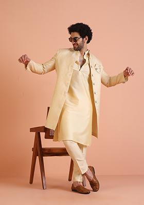 Cream Embroidered Silk Indo Western Sherwani Set For Men