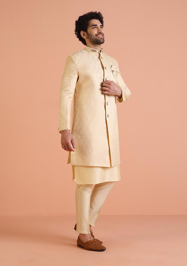 Cream Embroidered Silk Indo Western Sherwani Set For Men