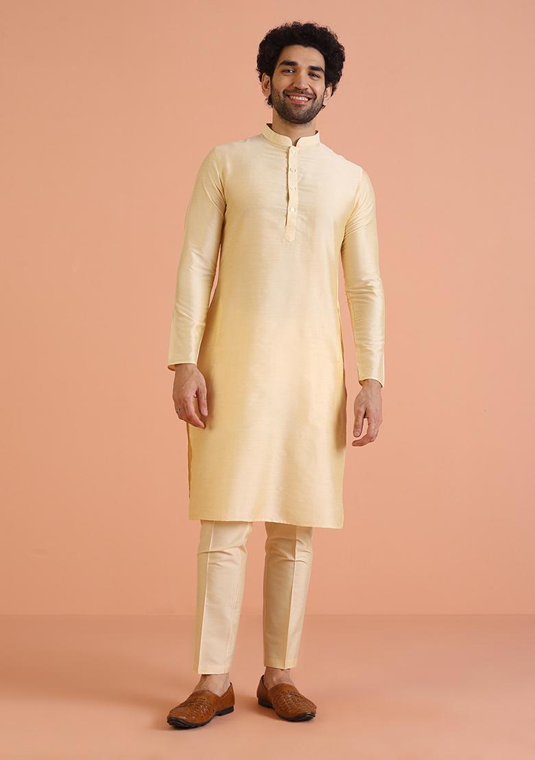 Cream Embroidered Silk Indo Western Sherwani Set For Men