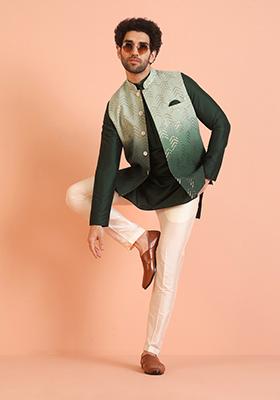 Green Embellished Cotton Nehru Jacket Set For Men